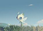  antennae apios1 blue_eyes blue_sky celebi cloud commentary day fairy fairy_wings floating flower from_side full_body gen_2_pokemon grass highres legendary_pokemon looking_back mountainous_horizon mythical_pokemon no_humans no_mouth outdoors pokemon pokemon_(creature) sky solo white_flower wings 