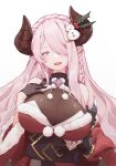  1girl bangs breasts fur_trim fuyumitsu granblue_fantasy hair_over_one_eye hand_on_own_chest head_tilt hors japanese_clothes kimono large_breasts long_hair narmaya_(granblue_fantasy) obi one_eye_covered pink_hair pointy_ears purple_eyes red_kimono sash smile snowman_hair_ornament solo 