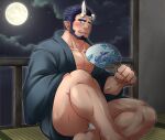  1boy alternate_costume bara beard black_hair black_kimono blush broken_horn bulge convenient_leg demon_boy demon_horns facial_hair fangs full_moon fundoshi hand_fan holding holding_fan horns japanese_clothes kimono live_a_hero looking_at_viewer male_cleavage male_focus male_underwear mature_male moon muscular muscular_male nessen_(live_a_hero) night night_sky pectorals short_hair sky solo sunfight0201 thick_eyebrows thick_thighs thighs underwear white_male_underwear 