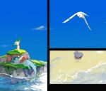  :&lt; animal_focus apios1 bag bird black_border blue_sky blush border closed_eyes closed_mouth cloud commentary day flying from_above from_behind full_body gen_1_pokemon gen_3_pokemon gen_4_pokemon grass highres island leafeon lying no_humans ocean on_side outdoors pawpads pokemon pokemon_(creature) sand shell shellder sitting sky sleeping tongue tongue_out vaporeon water water_drop wingull 