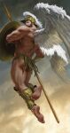  1boy ares_(mythology) armor ass bara bare_back beard briefs chens_art cloud cloudy_sky facial_hair faux_traditional_media feathered_wings feet flying from_behind greek_clothes greek_mythology green_male_underwear helmet highres holding holding_polearm holding_shield holding_spear holding_weapon looking_at_viewer looking_back male_focus male_pubic_hair male_underwear mature_male muscular muscular_male original polearm pubic_hair realistic shield short_hair sky soles solo spear thick_thighs thighs toes underwear weapon wings 
