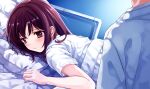  1boy 1girl bangs bed_sheet blush brown_eyes brown_hair closed_mouth eyebrows_visible_through_hair game_cg hair_between_eyes indoors long_hair lying misaki_kurehito official_art on_stomach pillow shiny shiny_hair shirt short_sleeves solo_focus suiheisen_made_nan_mile? tsuyazaki_kokage under_covers white_shirt 