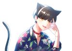  1boy :d animal_ears bangs bell black_choker black_hair blue_shirt cat_boy cat_ears cat_tail choker collared_shirt commission dress_shirt eyebrows_visible_through_hair floral_print hand_up jingle_bell long_sleeves looking_at_viewer male_focus mamel_27 neck_bell open_mouth original print_shirt shirt simple_background smile solo tail twitter_username white_background yellow_eyes 