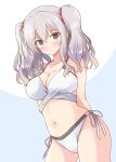  1girl arms_behind_back bikini blue_eyes breasts cleavage contrapposto cowboy_shot highres icesherbet kantai_collection kashima_(kancolle) large_breasts looking_at_viewer side-tie_bikini sidelocks silver_hair solo swimsuit twintails wavy_hair white_bikini 