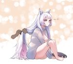  1girl animal_ears ass bare_legs between_legs blush_stickers breasts cat_ears cat_paw cleavage combing expressionless eyelashes gradient_hair grey_hair hand_between_legs hands headwear_removed heterochromia highres knees_up last_origin long_hair looking_away maid_headdress medium_breasts mogijabgo multicolored_hair naked_shirt open_clothes open_shirt patterned_background perrault_(last_origin) pink_hair shirt simple_background sitting sleepy solo_focus white_shirt 