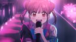  1girl :d absurdres armband bangs blue_bow bow brown_eyes brown_hair double_bun eyebrows_visible_through_hair hair_between_eyes highres holding holding_microphone huge_filesize idolmaster idolmaster_shiny_colors jacket looking_at_viewer microphone misaki_nonaka open_mouth pink_jacket short_sleeves smile solo sonoda_chiyoko twintails upper_body upper_teeth 