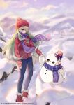  1girl bugie cloud coat commission commissioner_upload del_(dendroai) green_eyes green_hair highres long_hair original scarf scenery sky snow solo standing winter_clothes winter_coat 