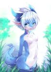  1girl aqua_eyes blue_horns blush breasts commentary_request completely_nude eyebrows_visible_through_hair furry furry_female grass hair_between_eyes highres horns kageroh looking_at_viewer navel nude original partially_submerged pointy_ears short_hair small_breasts solo tail water wet white_hair 