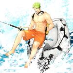  1boy abs achilles_(fate) bara bare_pectorals fate/grand_order fate_(series) fishing_rod full_body goggles goggles_around_neck green_hair highres large_pectorals male_focus male_swimwear muscular muscular_male navel nipples official_alternate_costume orange_male_swimwear pectorals rinnnnake short_hair smile solo spiked_hair stomach swim_trunks water 