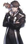  1boy animal animal_on_shoulder bangs bird black_coat black_eyes black_hair black_neckwear black_pants black_vest coat cowboy_shot crossed_arms feathers gin_(gyakuten_saiban) gyakuten_saiban gyakuten_saiban_5 hawk highres kuroda_matsurika long_hair long_sleeves looking_at_viewer male_focus mouth_hold multicolored_hair necktie pants ponytail shirt simple_background solo standing two-tone_hair vest white_background white_hair white_shirt yuugami_jin 