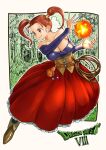  1girl bare_shoulders breasts brown_eyes brown_hair cleavage closed_mouth corset dragon_quest dragon_quest_viii dress earrings highres jessica_albert jewelry large_breasts long_hair magic riku_(ukir125) smile solo twintails 