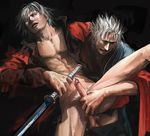  anal artist_request dante_(devil_may_cry) devil_may_cry incest katana long_sleeves male_focus multiple_boys penis sex silver_hair sword vergil weapon yamato_(sword) yaoi 