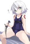  bangs bare_shoulders blue_eyes blue_swimsuit breasts collarbone covered_navel dagger eyebrows_visible_through_hair facial_scar fate/apocrypha fate/grand_order fate_(series) female green_eyes hand_up holding holding_dagger holding_weapon jack_the_ripper_(fate/apocrypha) japanese_text karukan_(monjya) knife looking_at_viewer one-piece_swimsuit open_mouth scar scar_across_eye scar_on_cheek short_hair shoulder_tattoo simple_background sitting small_breasts solo spread_legs swimsuit tattoo translation_request weapon white_background white_hair 