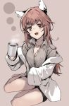  animal_ears bags_under_eyes barefoot black_shorts black_skirt blush breasts brown_hair cat_ears cleavage coffee commentary_request cup eyebrows_visible_through_hair ganesagi girls_frontline hair_between_eyes hair_ornament holding labcoat long_hair looking_at_viewer medium_breasts messy_hair open_mouth persica_(girls_frontline) red_eyes shirt short_shorts shorts sitting skirt smile solo 