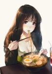  1girl bangs black_hair black_jacket blush bowl breasts caidychen chopsticks cleavage collarbone cup drink drinking_glass drinking_straw eating egg eyebrows_visible_through_hair food food_in_mouth hardboiled_egg highres holding holding_chopsticks holding_spoon jacket large_breasts long_hair looking_at_viewer meat noodles nori_(seaweed) open_clothes open_jacket original purple_eyes ramen simple_background sitting solo spoon spring_onion steam symbol-only_commentary table upper_body white_background 