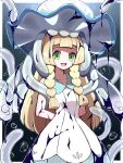  1girl :d absurdres arms_behind_back bangs blonde_hair blunt_bangs border braid collarbone collared_dress commentary_request dress duplicate eyelashes gen_7_pokemon green_eyes highres ink lillie_(pokemon) long_hair looking_at_viewer nihilego on_head open_mouth outside_border pixel-perfect_duplicate pokemon pokemon_(creature) pokemon_(game) pokemon_on_head pokemon_sm shabana_may sleeveless sleeveless_dress smile sundress tongue twin_braids ultra_beast upper_teeth white_border white_dress 