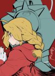  1boy 1girl alphonse_elric armor blonde_hair blush braid closed_mouth coat commentary edward_elric english_commentary from_side full_armor fullmetal_alchemist gloves highres hood hood_down hooded_coat own_hands_together palms_together plume profile red_background red_coat sanpaku shoulder_spikes signature simple_background single_braid sparrowl spikes white_gloves yellow_eyes 