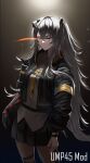  1girl bangs black_jacket character_name closed_mouth eyebrows_visible_through_hair feet_out_of_frame girls&#039;_frontline grey_hair grey_skirt highres jacket long_hair looking_at_viewer mechanical_arms mod3_(girls&#039;_frontline) necktie one_eye_closed open_clothes open_jacket red_eyes saturndxy scar scar_across_eye shirt side_ponytail simple_background single_mechanical_arm skirt solo standing ump45_(girls&#039;_frontline) watch white_shirt yellow_neckwear 