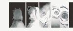  1girl antennae arknights cheonyeon-hi commentary_request eye_focus eye_reflection from_behind greyscale horns korean_commentary looking_at_viewer looking_back monochrome multiple_views parted_lips reflection short_hair sweat w_(arknights) 