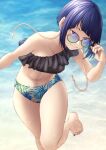  1girl absurdres adjusting_eyewear alternate_costume audio_jack bangs beach bikini black_bikini blue-tinted_eyewear blue_eyes blue_hair blue_nails blurry blurry_background boku_no_hero_academia breasts day dot_nose hand_on_eyewear highres jirou_kyouka kobaji lace-trimmed_bikini lace_trim leaf_print long_earlobes looking_at_viewer looking_over_eyewear midriff mismatched_bikini multicolored multicolored_bikini multicolored_clothes nail_polish navel ocean outdoors print_bikini round_eyewear short_hair sidelocks small_breasts smile solo standing standing_on_one_leg stomach sunglasses swimsuit tinted_eyewear 