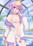  1girl bikini blush breasts collarbone commentary dura eyebrows_visible_through_hair hair_between_eyes hair_ornament highres looking_at_viewer navel neptune_(neptune_series) neptune_(series) purple_eyes purple_hair short_hair sitting small_breasts smile solo swimsuit water_gun wet wet_clothes 