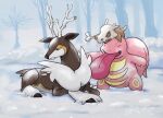  bare_tree closed_eyes closed_mouth commentary cubone day do9bessa english_commentary gen_1_pokemon gen_5_pokemon lickitung lying no_humans on_head on_stomach open_mouth outdoors pokemon pokemon_(creature) pokemon_on_head sawsbuck smile snow standing tongue tongue_out tree 
