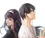  1boy 1girl aki_tomoya back-to-back bangs black_hair earbuds earphones face from_side glasses grey_eyes hair_between_eyes hairband kasumigaoka_utaha long_hair looking_to_the_side nose open_mouth parted_lips red_eyes saenai_heroine_no_sodatekata shirt short_hair simple_background tight_(ohmygod) white_background white_hairband white_shirt 