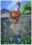  border building claws cloud commentary_request croagunk day eye_contact fang gen_4_pokemon gen_7_pokemon grass highres holding kikuyoshi_(tracco) leaf looking_at_another no_humans open_mouth outdoors pokemon pokemon_(creature) sky torracat wall 