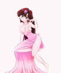  1girl bare_shoulders breasts brown_hair cleavage covered_navel dress earrings green_eyes hair_ornament highres jewelry kme kuonji_ukyou large_breasts necklace pink_dress ranma_1/2 side_slit solo 