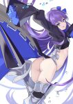  100 1girl armored_boots ass bangs blue_eyes blue_ribbon blush boots breasts eyebrows_visible_through_hair fate/extra fate/extra_ccc fate_(series) highres licking_lips long_hair long_sleeves looking_at_viewer looking_back meltryllis_(fate) prosthesis prosthetic_leg purple_hair ribbon sleeves_past_fingers sleeves_past_wrists small_breasts smile solo thighs tongue tongue_out 
