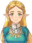  1girl blonde_hair breasts closed_mouth green_eyes hair_ornament hairclip long_hair looking_at_viewer nyantiu pointy_ears princess_zelda simple_background smile solo the_legend_of_zelda the_legend_of_zelda:_breath_of_the_wild white_background 