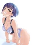  1girl arched_back arm_support ass bikini breasts butt_crack cleavage collarbone eyebrows_visible_through_hair highres hori_shin looking_at_viewer medium_breasts nijisanji shizuka_rin short_hair smile solo swimsuit virtual_youtuber white_background yellow_eyes 