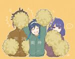  ... 1girl 2boys ^^^ androgynous anger_vein arms_up bangs black_hair blue_hair blush braid brown_hair closed_eyes commentary_request covered_face covered_mouth genshin_impact gradient_hair headband highres long_sleeves misoshiru_umai4 multicolored_hair multiple_boys orange_hair pom_pom_(cheerleading) purple_eyes purple_hair raiden_shogun short_hair_with_long_locks sidelocks speech_bubble tassel track_suit translated twin_braids venti_(genshin_impact) yellow_background zhongli_(genshin_impact) 