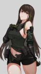  1girl absurdres black_gloves black_shorts breasts brown_eyes brown_hair closed_mouth eyebrows_visible_through_hair feet_out_of_frame girls&#039;_frontline gloves green_shirt grey_background hand_on_back hand_on_breast highres long_hair looking_at_viewer m4a1_(girls&#039;_frontline) medium_breasts mo_geng multicolored_hair navel open_clothes open_shorts shirt shorts solo standing 