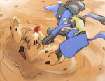  clenched_teeth commentary day do9bessa english_commentary gen_4_pokemon gen_7_pokemon kicking lucario no_humans outdoors palossand pokemon pokemon_(creature) red_eyes sand sand_castle sand_sculpture teeth toes 