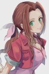  1girl aerith_gainsborough bow breasts brown_hair chil0107 closed_mouth cropped_jacket dress final_fantasy final_fantasy_vii green_eyes hair_ribbon jacket long_hair looking_at_viewer pink_bow pink_dress ponytail ribbon simple_background smile solo 