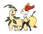 animal_ear_fluff bayleef braixen commentary do9bessa eye_contact furry gen_2_pokemon gen_6_pokemon looking_at_another open_mouth pokemon pokemon_(creature) red_eyes sketch smile standing stick tongue 