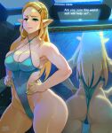  1girl aqua_nails ass blonde_hair blue_eyes blue_eyeshadow blue_swimsuit braid breasts bursting_breasts cameltoe cleavage covered_navel cowboy_shot crown_braid crystal_cheese dungeon english_commentary english_text eyeshadow forehead hair_ornament hairclip hands_on_hips highres large_breasts lips long_hair makeup nose parted_hair pointy_ears princess_zelda reflection reward_available solo spaghetti_strap speech_bubble standing swimsuit the_legend_of_zelda the_legend_of_zelda:_breath_of_the_wild thick_thighs thighs thong_swimsuit wide_hips 