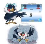  black_eyes closed_mouth commentary do9bessa english_commentary fakemon feathers fusion gen_4_pokemon holding holding_feather kricketot musical_note no_humans pokemon pokemon_(creature) standing staravia talons twitter_username 
