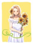  1girl blonde_hair breasts brown_eyes closed_mouth dress flower hair_flower hair_ornament long_hair looking_at_viewer ma-hain-scarlet original smile solo sunflower 