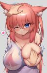  1girl ;) animal_ear_fluff animal_ears arms_behind_back bare_shoulders blue_eyes breast_grab breasts clothes_pull collarbone eyes_visible_through_hair gesture grabbing hair_between_eyes headpat heart highres kaptivate lactation large_breasts long_hair multicolored multicolored_eyes one_eye_closed orange_hair original purple_eyes red_hair see-through_shirt shirt shirt_pull sidelocks smile solo taut_clothes taut_shirt tight upper_body very_long_hair 