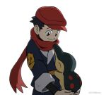  1boy black_hair black_undershirt closed_mouth commentary cyndaquil do9bessa english_commentary gen_2_pokemon hat holding holding_pokemon jacket looking_down male_focus pokemon pokemon_(creature) pokemon_(game) pokemon_legends:_arceus red_headwear red_scarf rei_(pokemon) scarf short_hair smile spiked_hair undershirt 