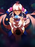  1girl :q bangs bare_shoulders blunt_bangs dark-skinned_female dark_skin earth_(planet) elbow_gloves giant giantess gloves highres hololive hololive_english licking_lips long_hair low_twintails mars_(planet) mercury_(planet) planet planet_hair_ornament raneblu solo space tongue tongue_out tsukumo_sana twintails venus_(planet) very_long_hair virtual_youtuber yellow_eyes 