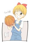  1girl ;d artist_logo ball bangs basketball beige_background blonde_hair blue_overalls border bow character_name cowboy_shot dot_nose eyebrows_visible_through_hair hair_bow hands_up highres hime-chan_no_ribbon holding holding_ball looking_at_viewer nonohara_himeko one_eye_closed open_mouth outside_border overalls poyozoo_(poyozoz) red_bow shirt short_hair short_sleeves simple_background smile solo standing tareme white_border white_shirt yellow_eyes 