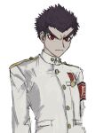  1boy armband badge bangs black_hair buttons closed_mouth danganronpa:_trigger_happy_havoc danganronpa_(series) gakuran highres ishimaru_kiyotaka long_sleeves looking_at_viewer male_focus red_eyes school_uniform sema_(vivaviva_02) serious short_hair simple_background solo spiked_hair upper_body v-shaped_eyebrows white_background 