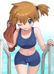  1girl bangs breasts brown_hair collarbone commentary eyelashes gonzarez green_eyes highres holding holding_towel looking_at_viewer misty_(pokemon) navel one_eye_closed poke_ball_print pokemon pokemon_(game) pokemon_frlg pool short_hair short_ponytail side_ponytail solo swimsuit thigh_gap tied_hair towel water wet 