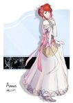  1girl alternate_costume anna_(fire_emblem) artist_name backless_dress backless_outfit bare_shoulders bow bride bride_(fire_emblem) character_name choker cm_lynarc commentary detached_sleeves dress english_commentary feather_trim fire_emblem fire_emblem_heroes flower full_body hair_flower hair_ornament high_heels index_finger_raised long_dress looking_at_viewer official_alternate_costume pink_bow pink_flower ponytail red_eyes red_hair short_hair side_ponytail sidelocks signature skirt_hold sleeveless sleeveless_dress smile solo strapless strapless_dress teeth wedding_dress white_dress white_footwear white_sleeves 