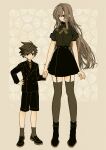  1boy 1girl bangs black_footwear black_hair black_jacket black_legwear black_shorts black_skirt blush boots brown_hair brown_neckwear eyebrows_visible_through_hair eyes_visible_through_hair full_body height_difference highres holding_hands jacket keishin long_hair long_sleeves looking_at_viewer necktie original short_hair shorts skirt standing thighhighs very_long_hair 