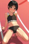  1girl absurdres arm_support bangs bare_arms bare_legs bare_shoulders barefoot black_buruma black_hair black_tank_top blush brown_eyes buruma cameltoe crop_top day eyebrows_visible_through_hair highres looking_at_viewer matsunaga_kouyou midriff navel nose_blush original outdoors solo tank_top 