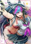  1girl :d arm_up bangs black_hair black_nails black_sailor_collar blue_hair bra breasts danganronpa_(series) danganronpa_2:_goodbye_despair ear_piercing fingernails hair_horns hand_up highres jewelry large_breasts long_fingernails long_fingers long_hair looking_at_viewer mioda_ibuki multicolored multicolored_background multicolored_hair necklace open_mouth panties piercing pink_eyes pink_hair red_bra red_panties sailor_collar school_uniform shirt shirt_removed skirt skirt_removed smile solo underwear v white_hair white_shirt youko-shima 